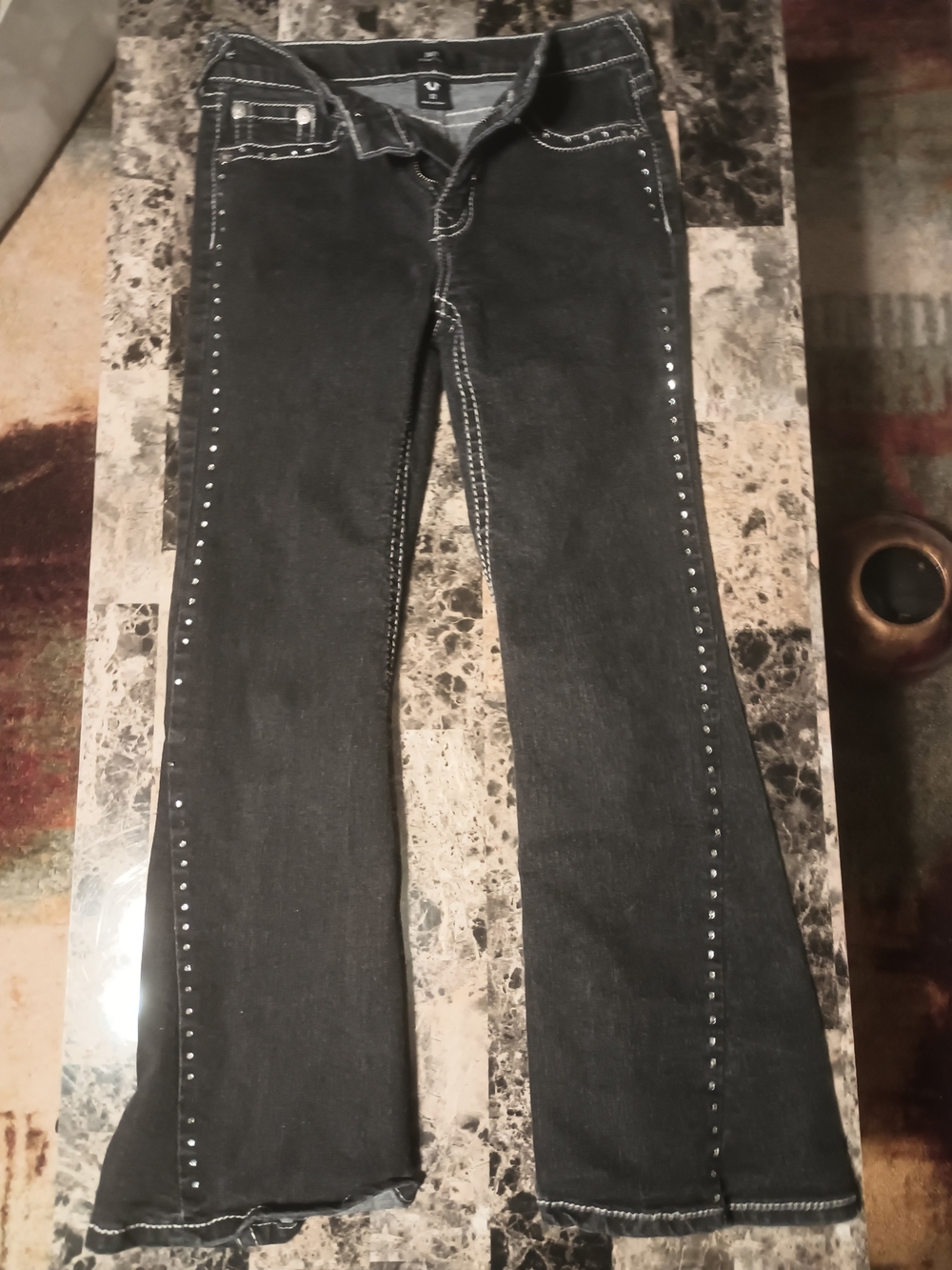 True Religion Black Flare Jeans with Side Stud Trim